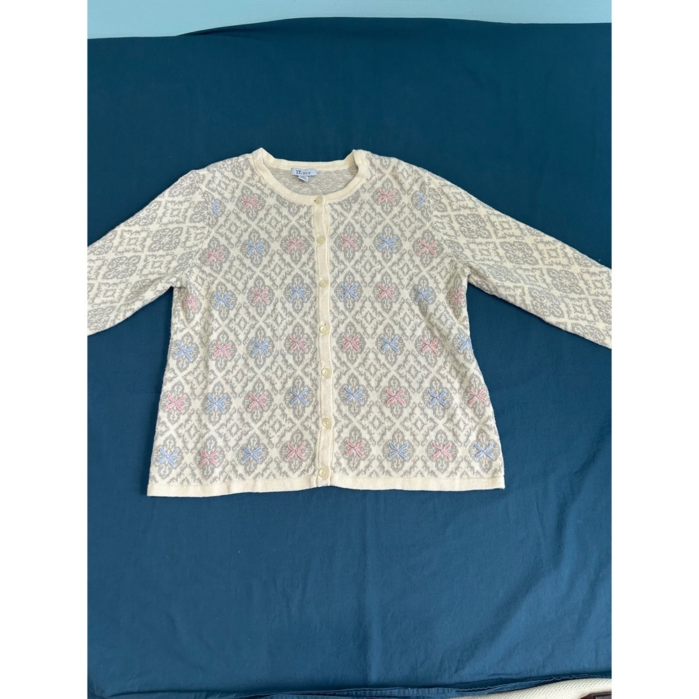 The Tog Shop Vintage 1984 XL Cream Grey pink blue Embroidered Cardigan Sweaterk